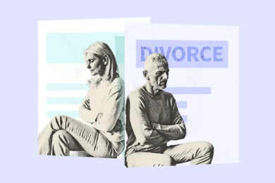 Divorce illustration of unhappy couple sitting back to back with arms crossed, legal separation documents in background
