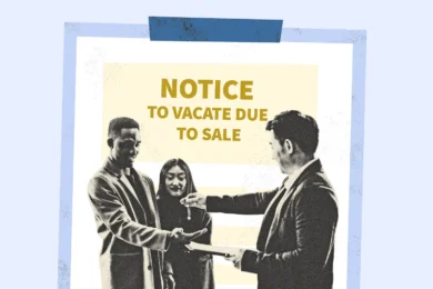 Man handing keys to a couple in front of a contract saying Notice To Vacate Due To Sale
