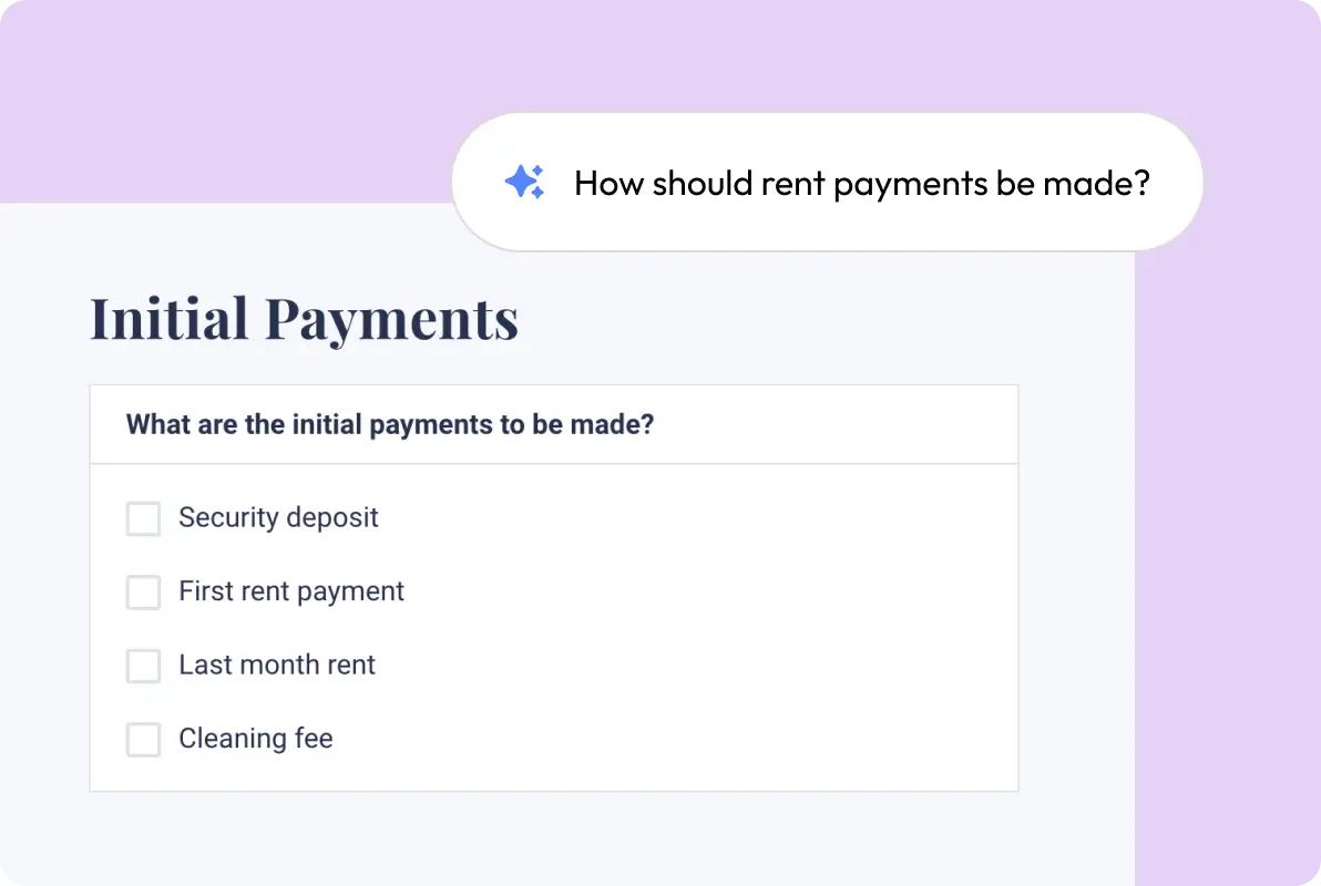 Multiple choice question depicting options to make rent payments in a lease