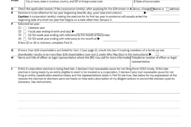 IRS Form 2553 for S including instructions for filing a late election, tax year options, and shareholder consent. The form requires business details, EIN, election effective date, and officer signature.