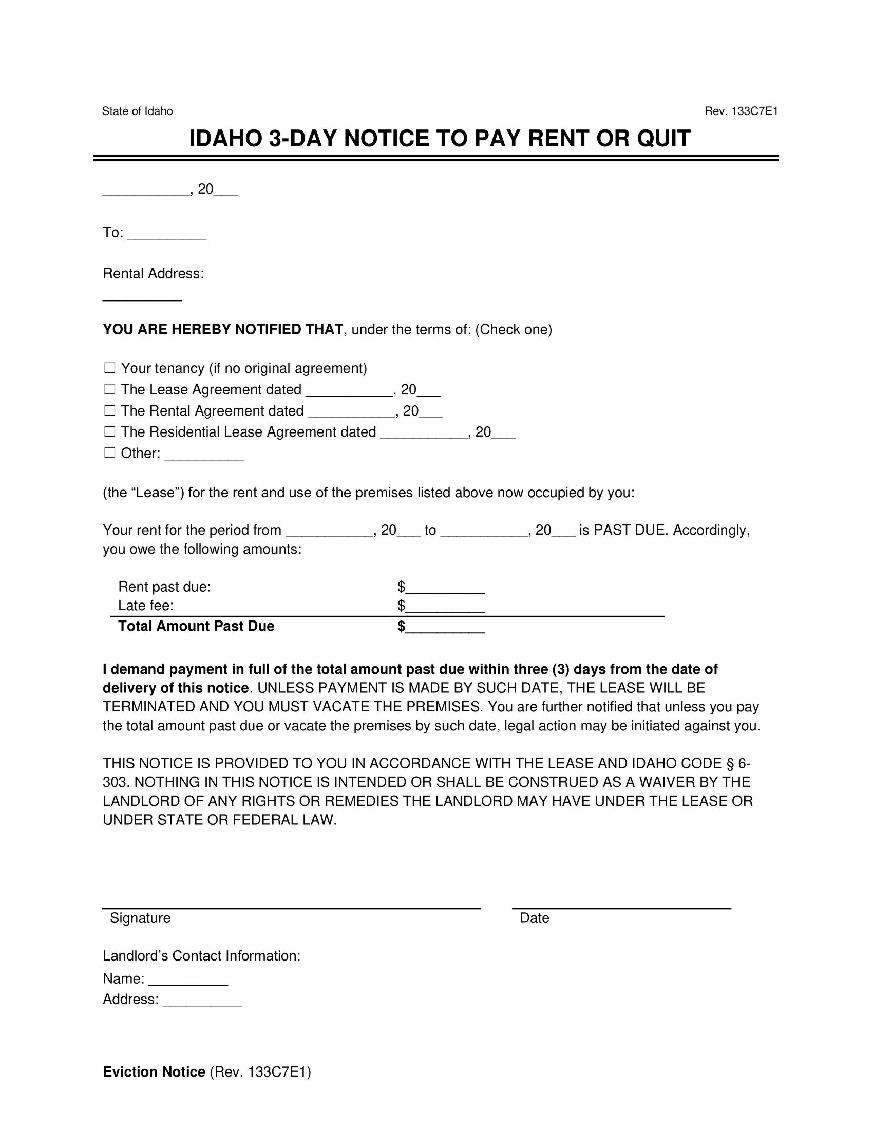 Idaho 3-Day Notice to Quit for Non-Payment of Rent