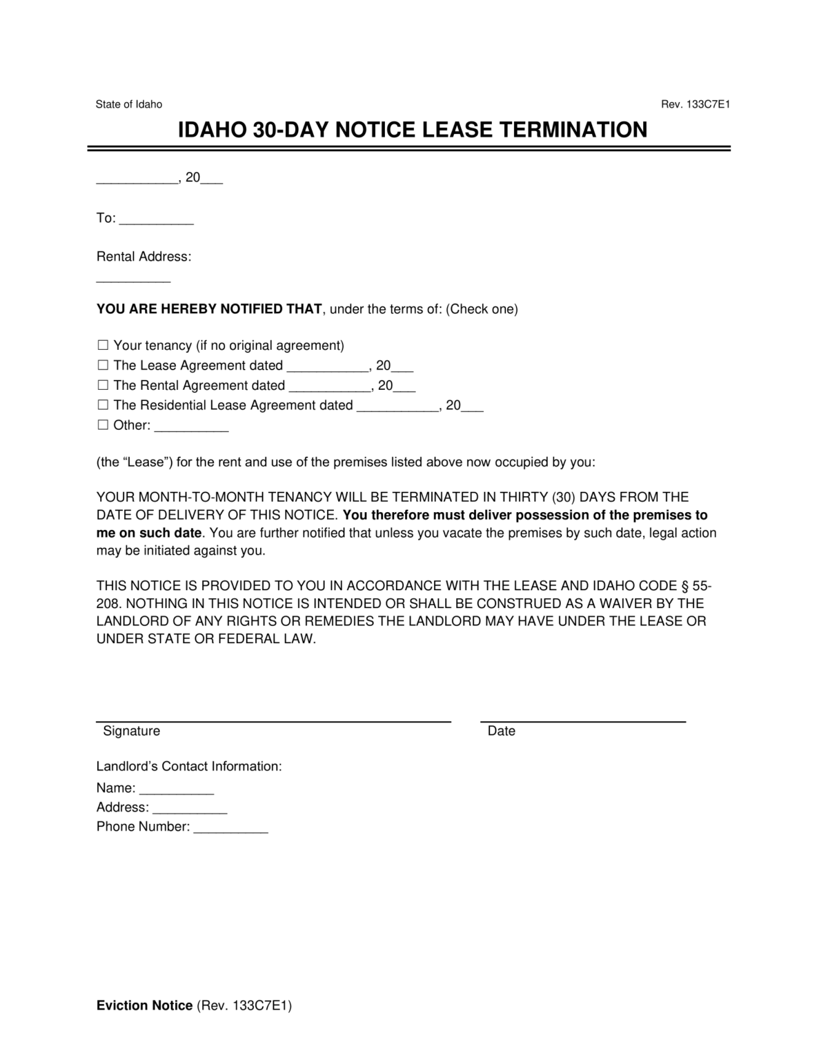 Free Idaho 30-Day Notice to Vacate | Lease Termination Letter | PDF & Word