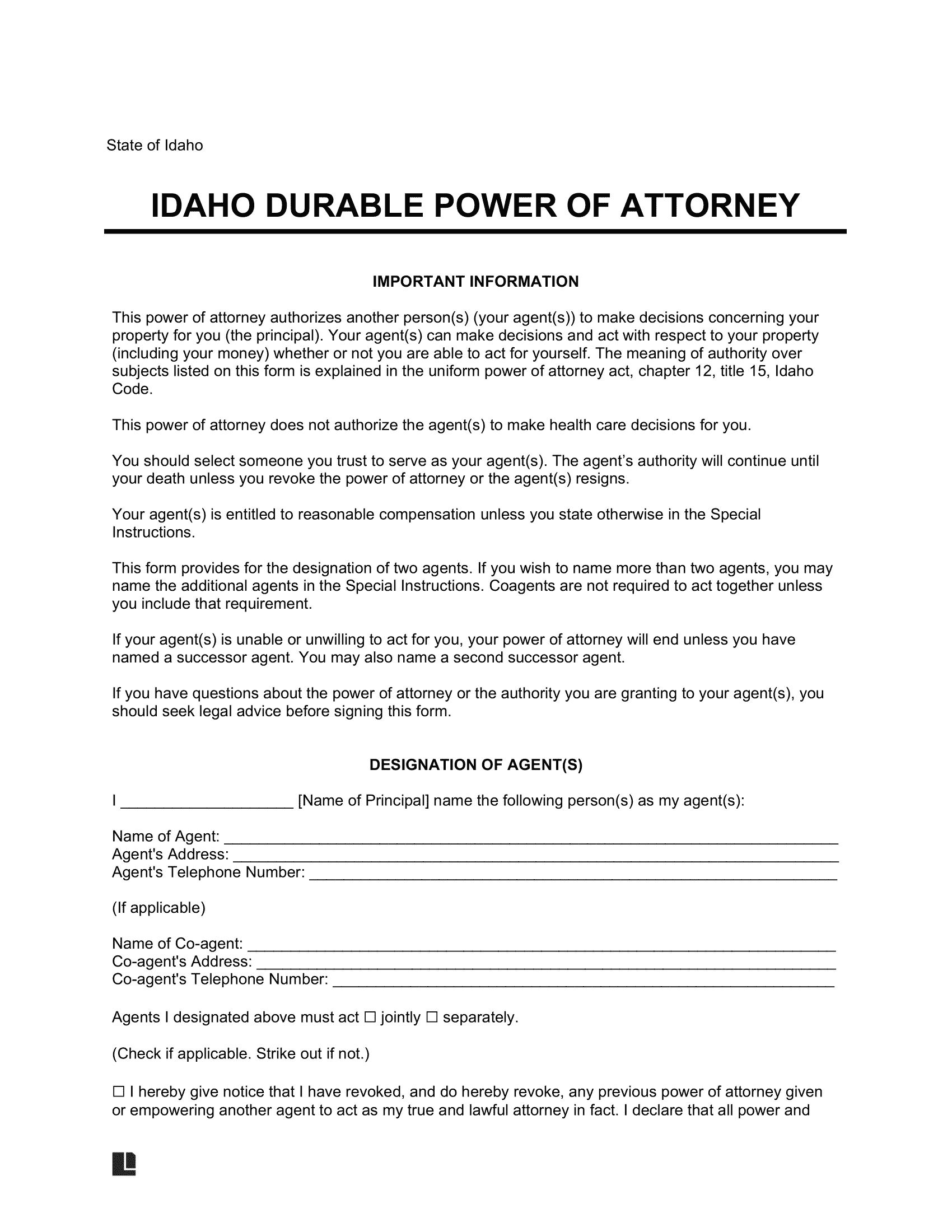Idaho Durable Statutory Power of Attorney Form