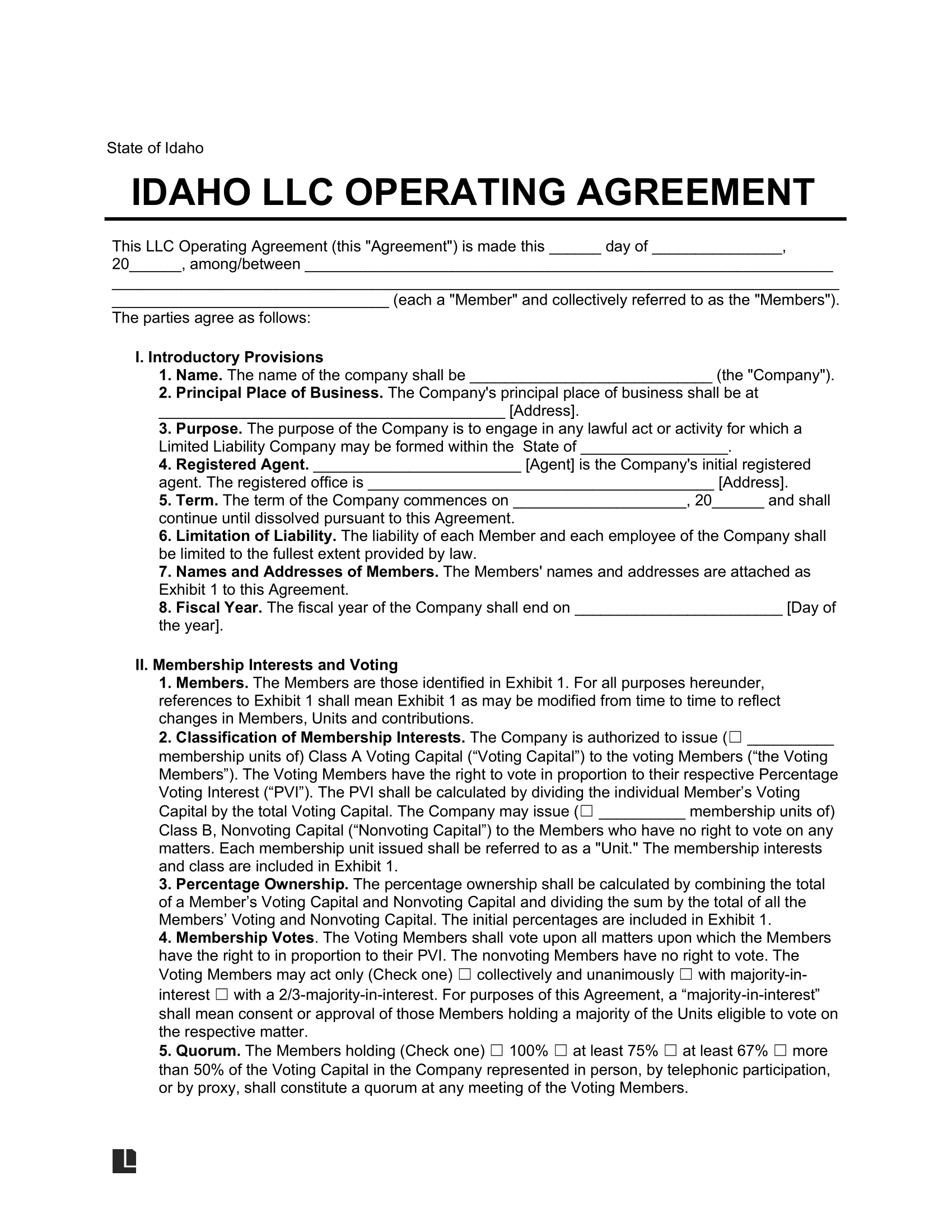 Idaho LLC Operating Agreement Template