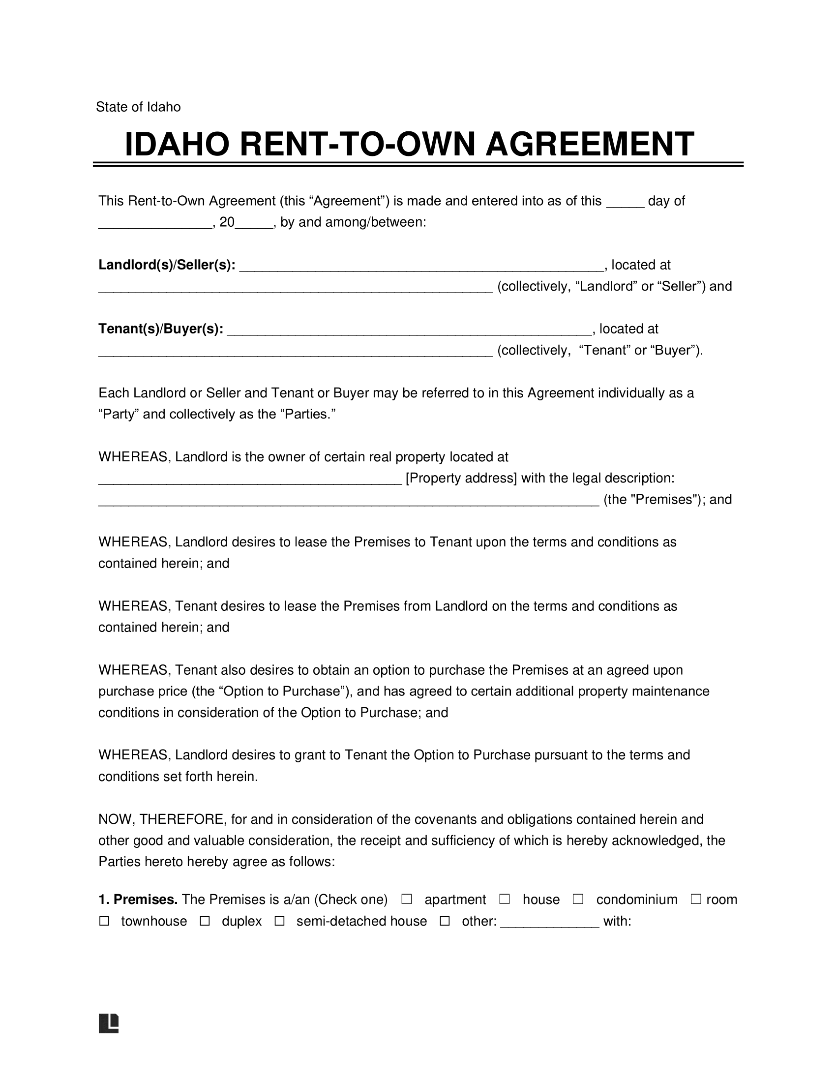 Idaho Lease-to-Own Option-to-Purchase Agreement