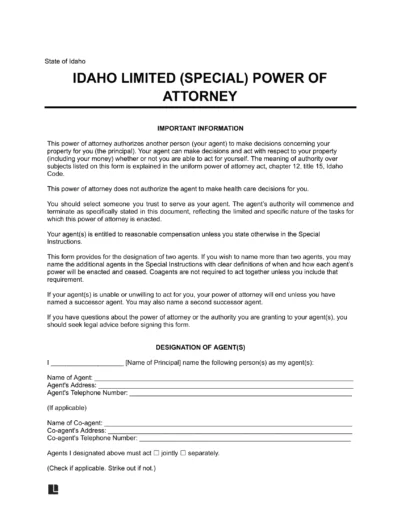 Idaho Limited Power of Attorney Form