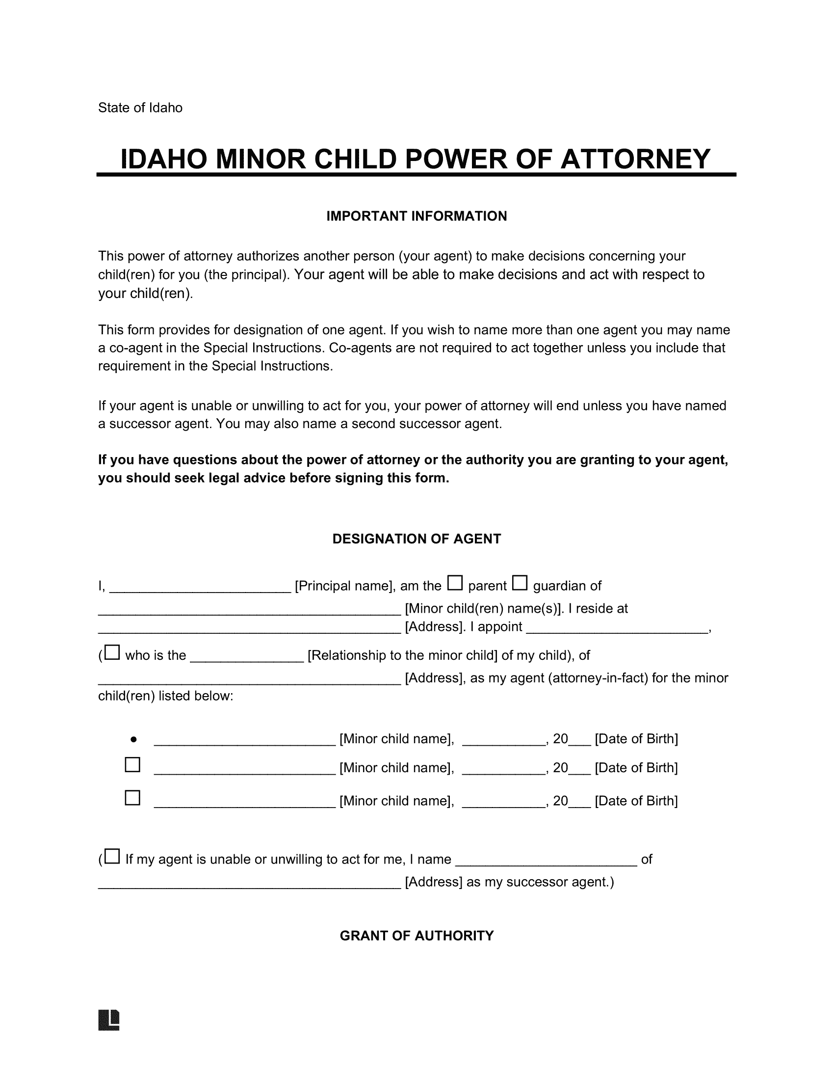 Idaho Minor Child Power of Attorney Form