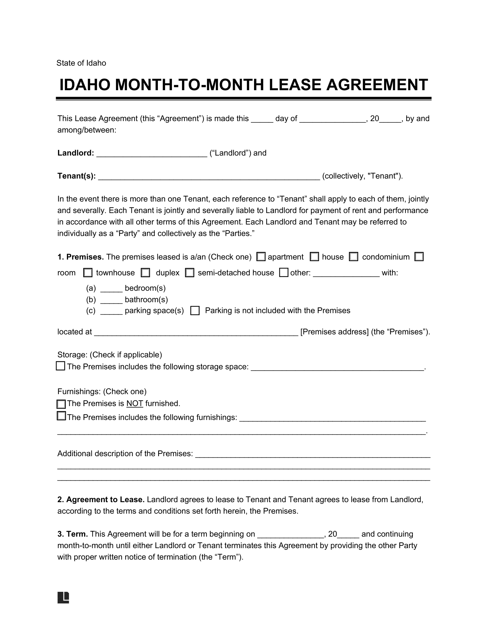 Idaho Month-to-Month Rental Agreement