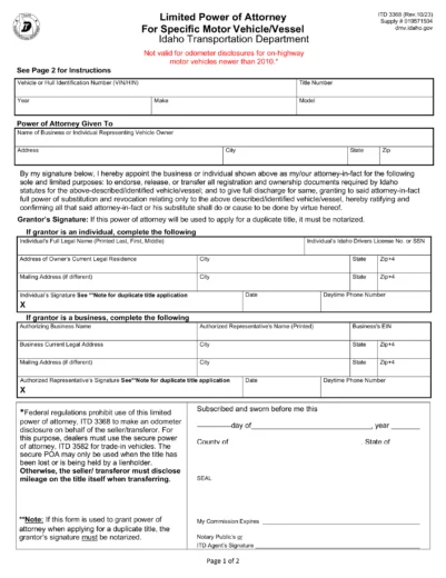 Idaho Motor Vehicle Power of Attorney Form