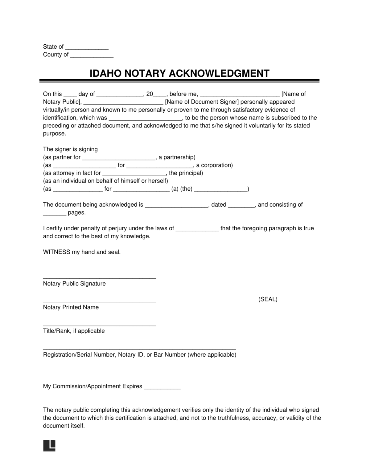Free Idaho Notary Acknowledgment Form | PDF &amp; Word