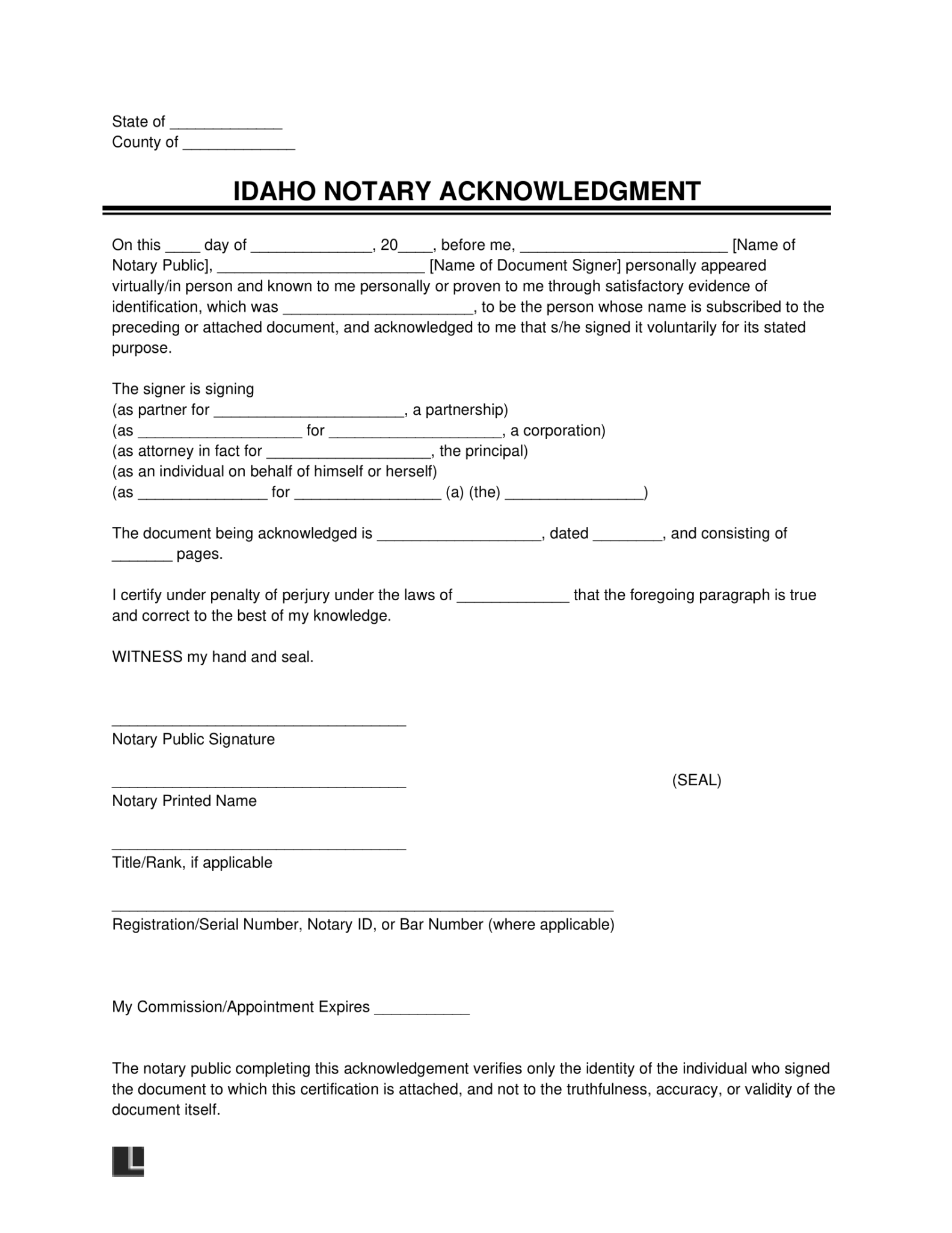 Free Idaho Notary Acknowledgment Form Pdf And Word 3355