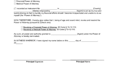 Idaho Revocation Power of Attorney Form