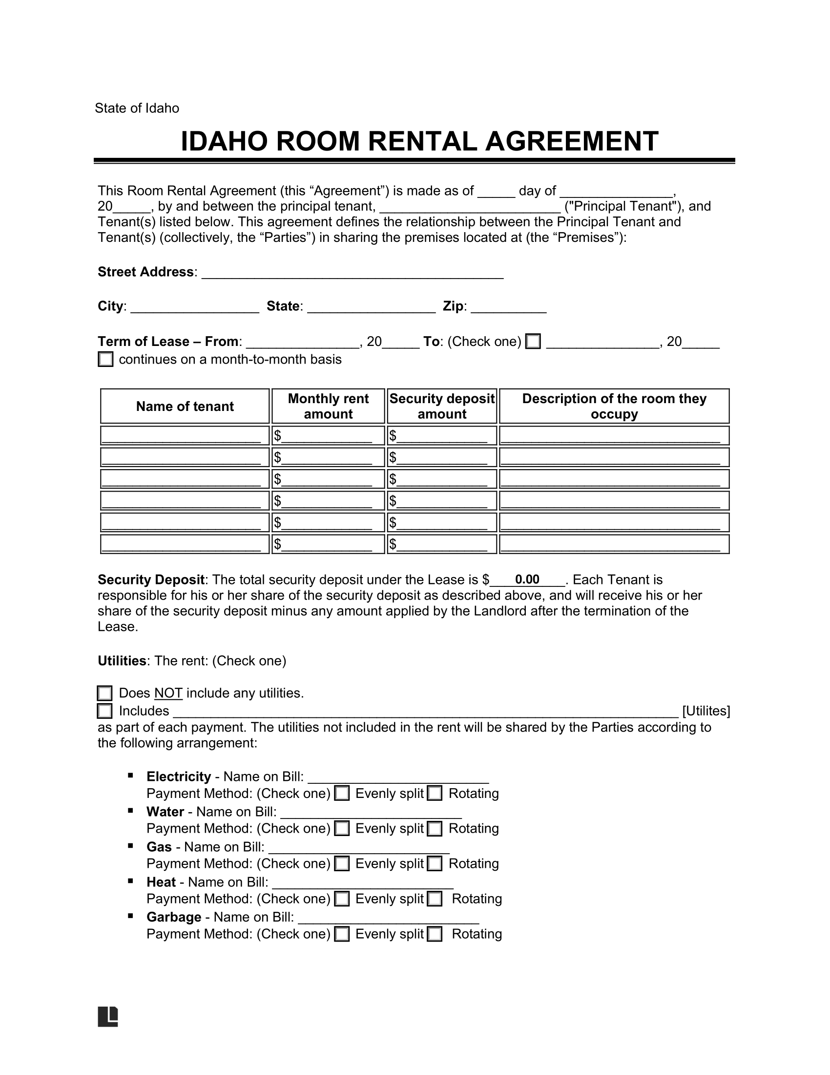 Idaho Room Rental Agreement
