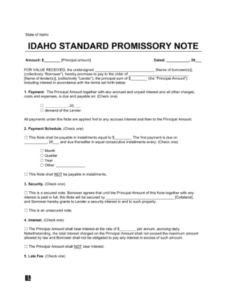 Idaho Standard Promissory Note Template