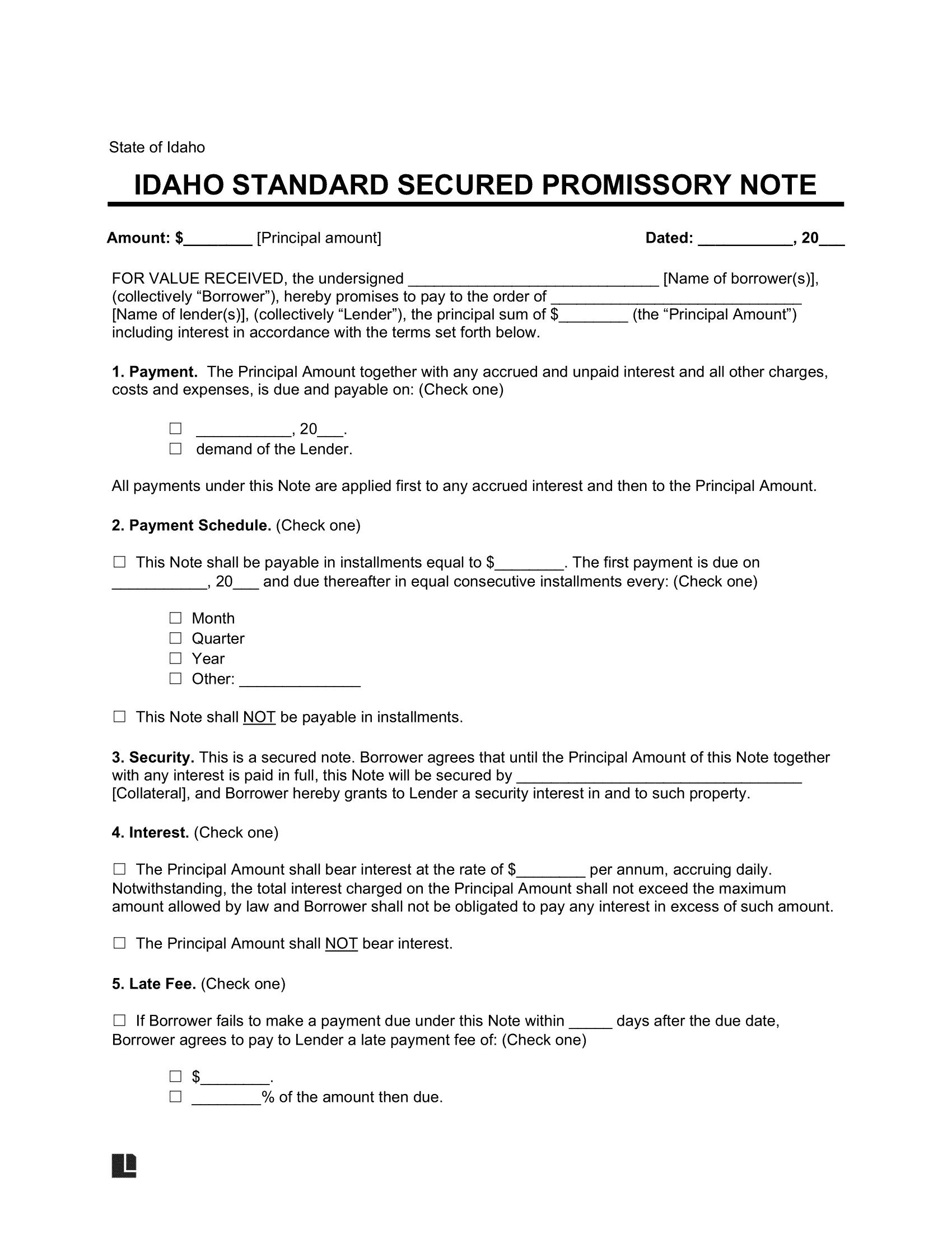 Idaho Standard Secured Promissory Note Template