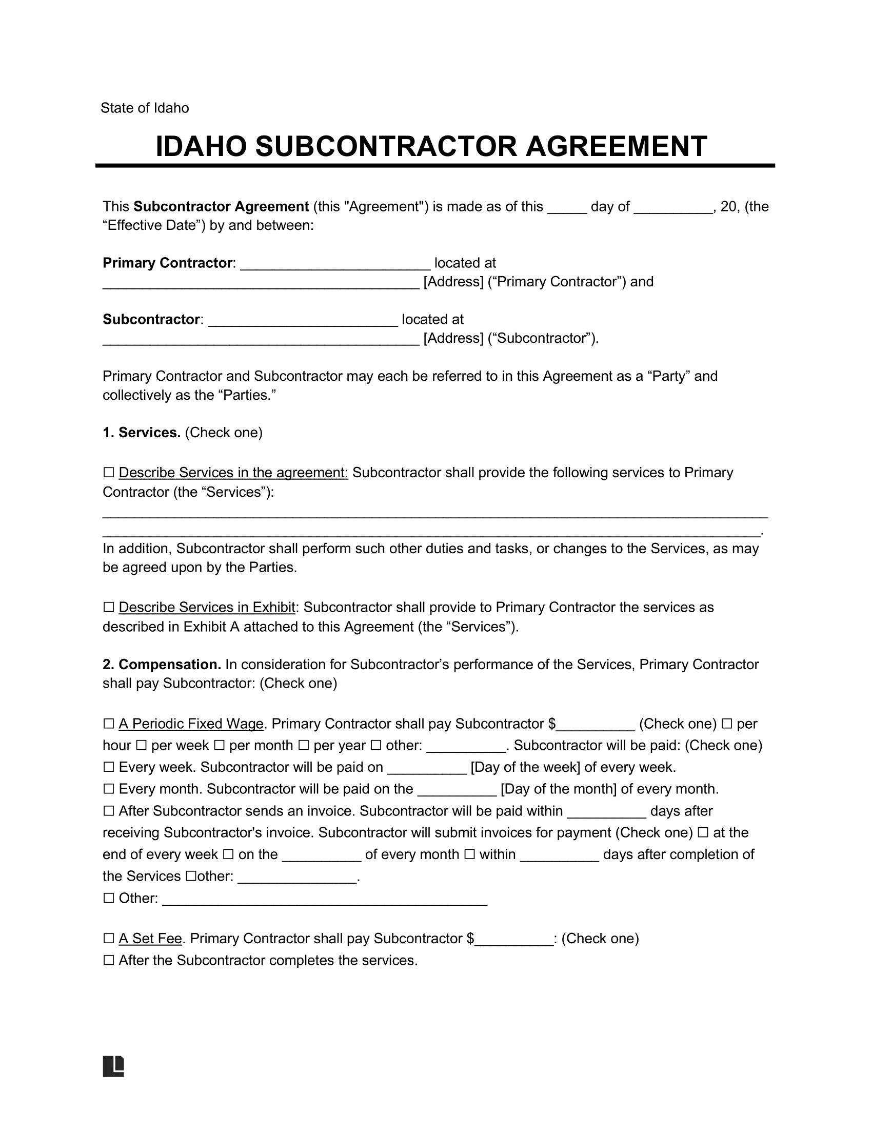 Idaho Subcontractor Agreement Sample