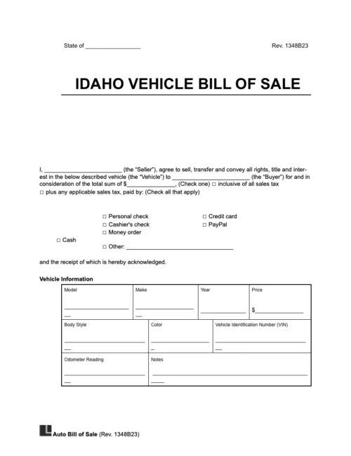 Idaho vehicle bill of sale