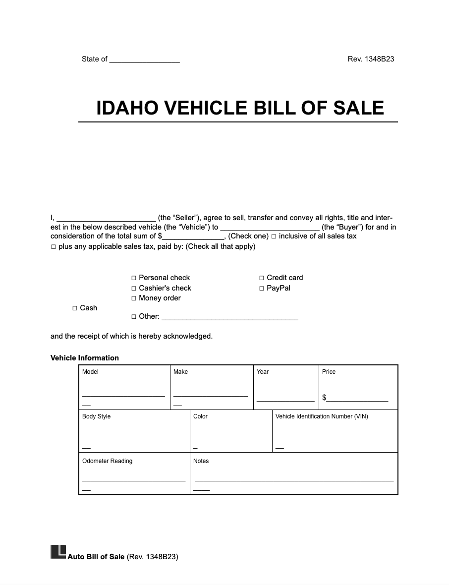 Idaho vehicle bill of sale