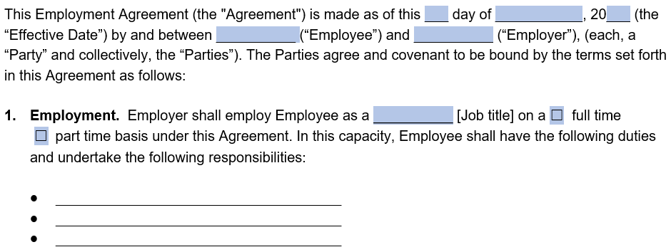 An example of where to include party information in our employment contract template