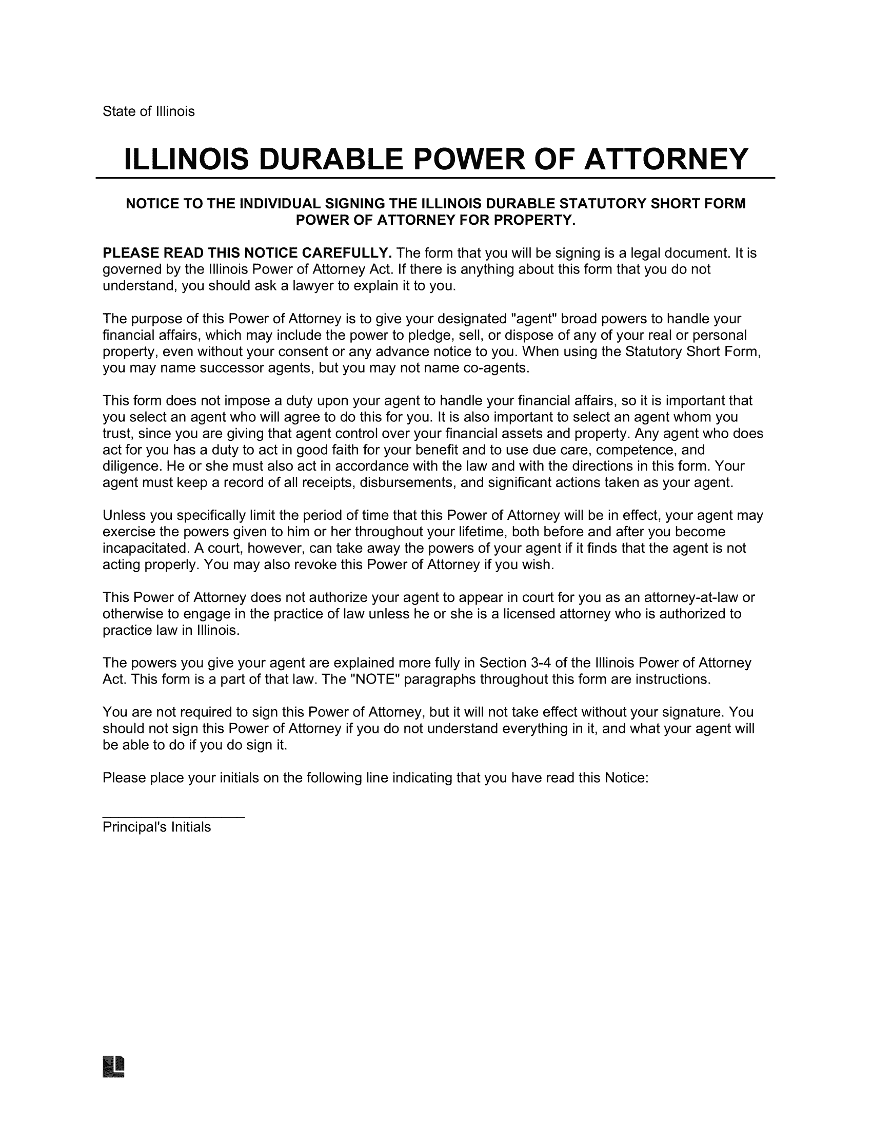 Illinois Durable Statutory Power of Attorney Template