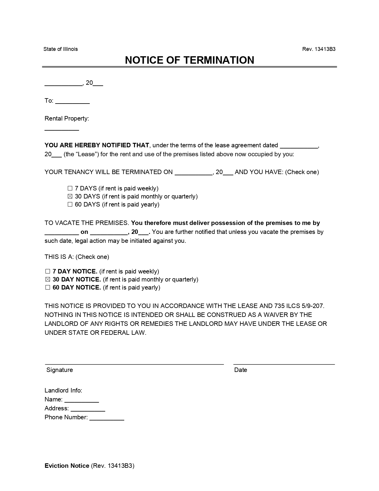 Illinois Lease Termination Letter (30-Day Notice)