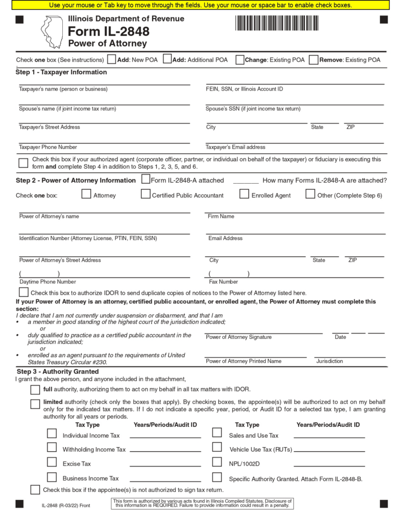 Free illinois tax power of attorney form il 2848 pdf