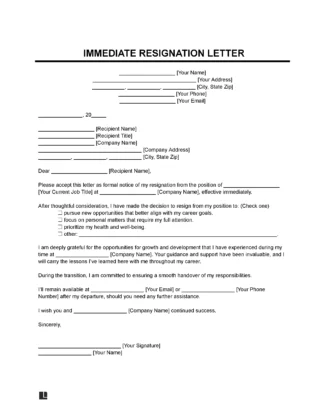 Immediate Resignation Letter Template