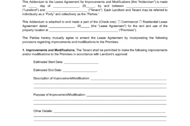 Improvements and Modifications Lease Addendum Template