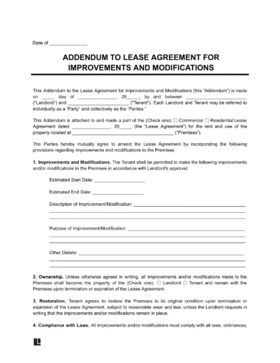 Improvements and Modifications Lease Addendum Template