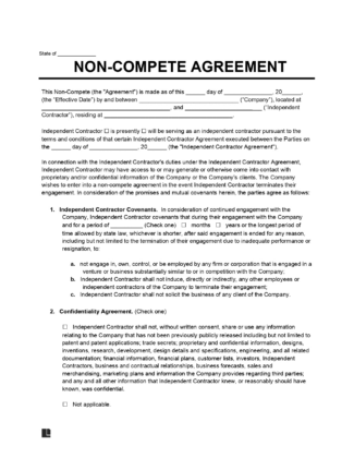 Independent Contractor Non-Compete Agreement Sample