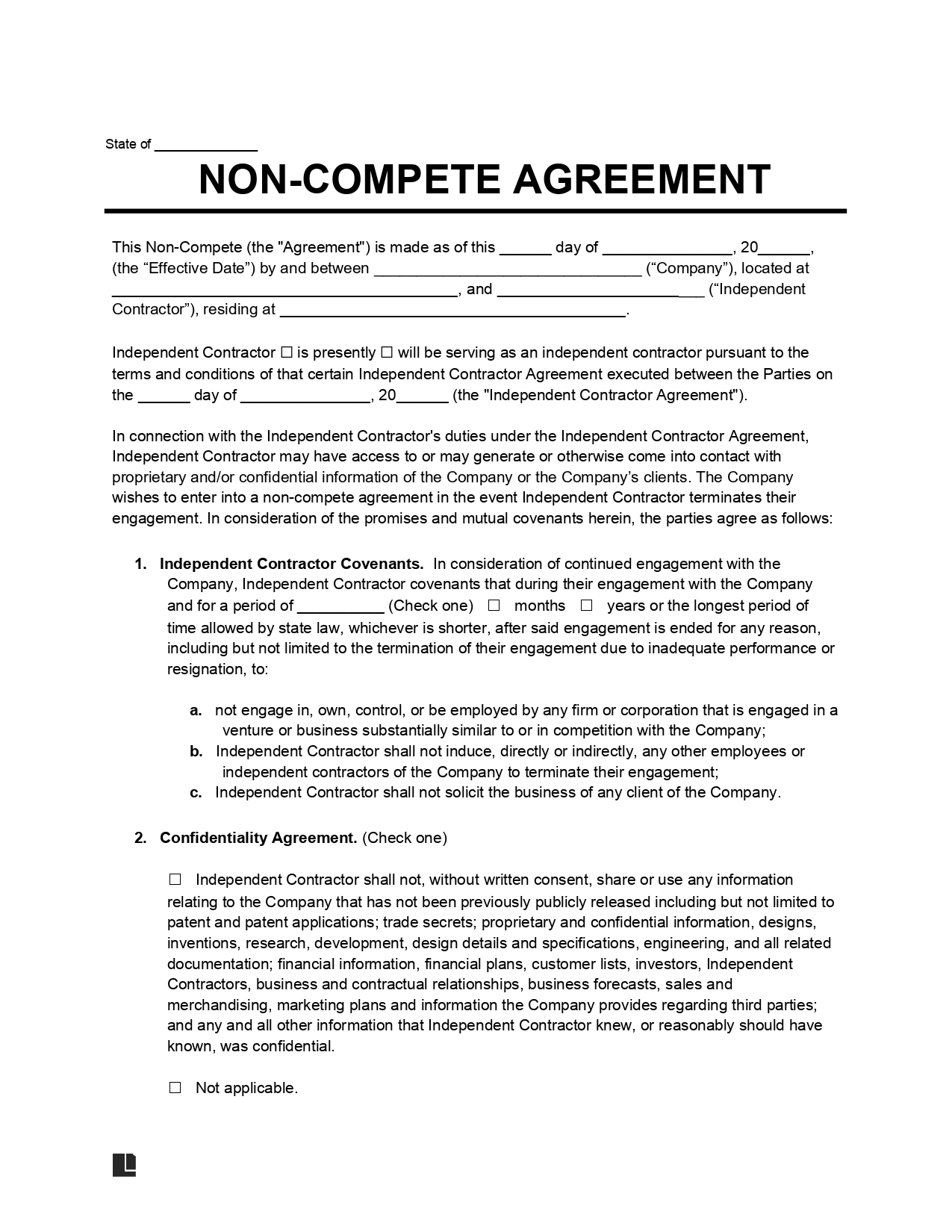 Independent Contractor Non-Compete Agreement Sample