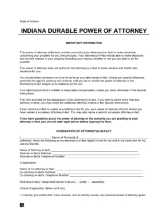 Indiana Durable Statutory Power of Attorney Template