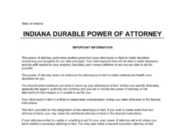 Indiana Durable Statutory Power of Attorney Template