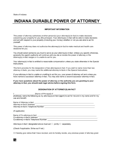 Indiana Durable Statutory Power of Attorney Template