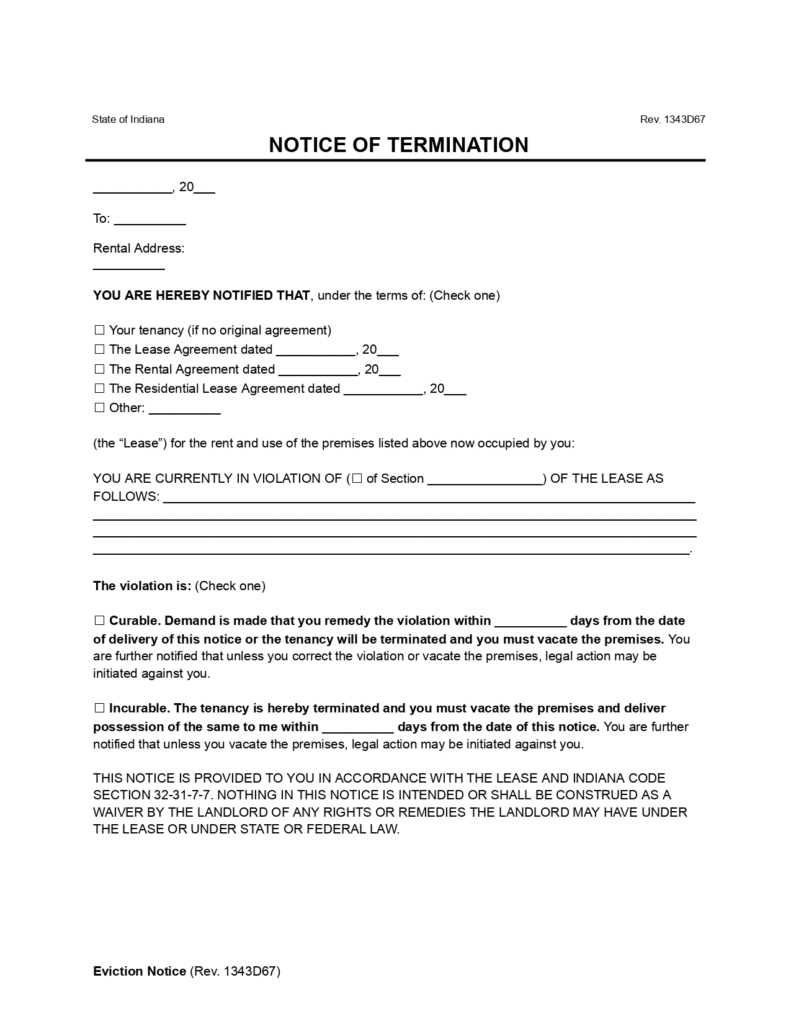 Free Indiana Notice to Quit (Non-Compliance) Form | PDF & Word