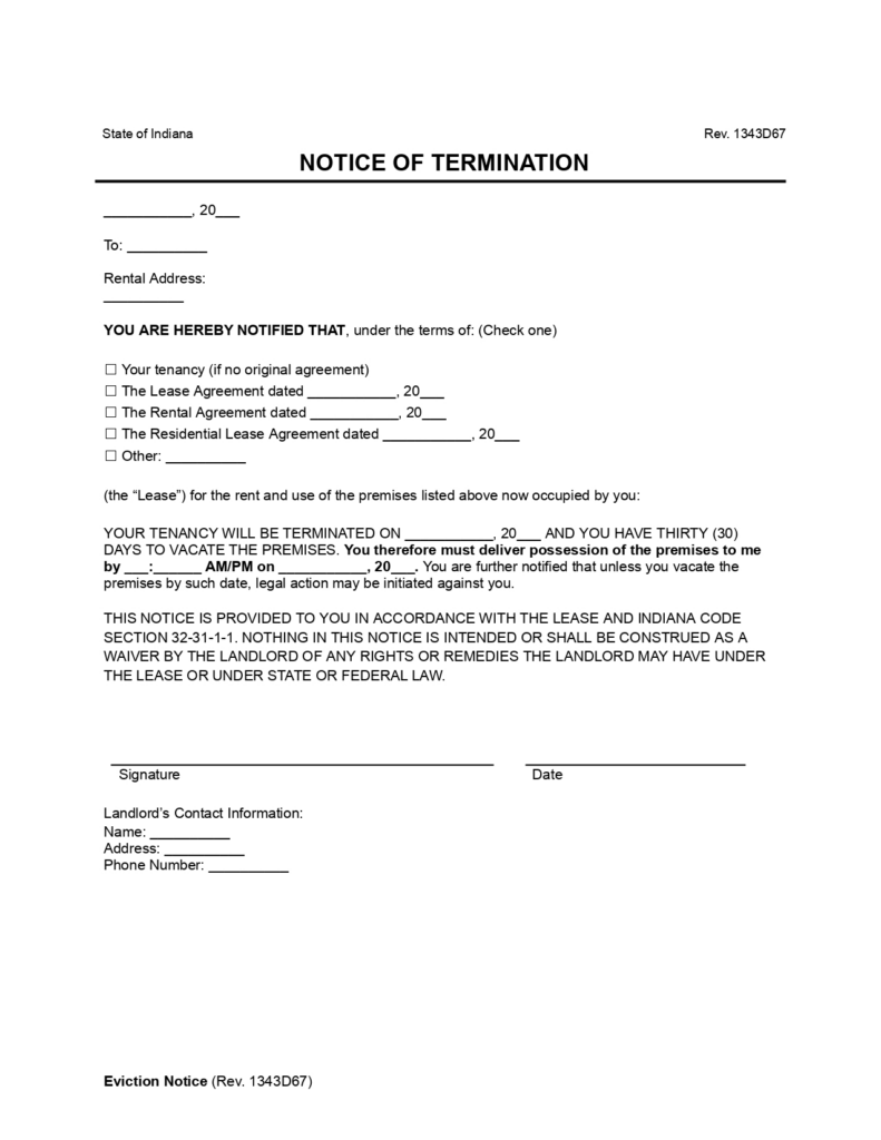 Free Indiana 30-Day Notice to Vacate | Lease Termination Letter | PDF ...