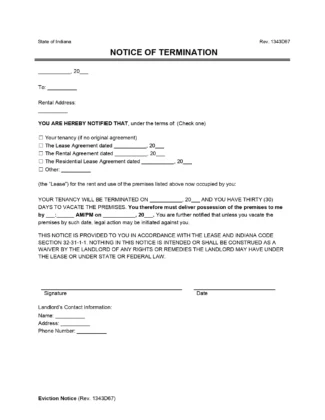 Indiana Lease Termination Letter (30-Day Notice)