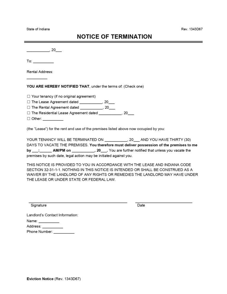 Free Indiana 30-Day Notice to Vacate | Lease Termination Letter | PDF ...