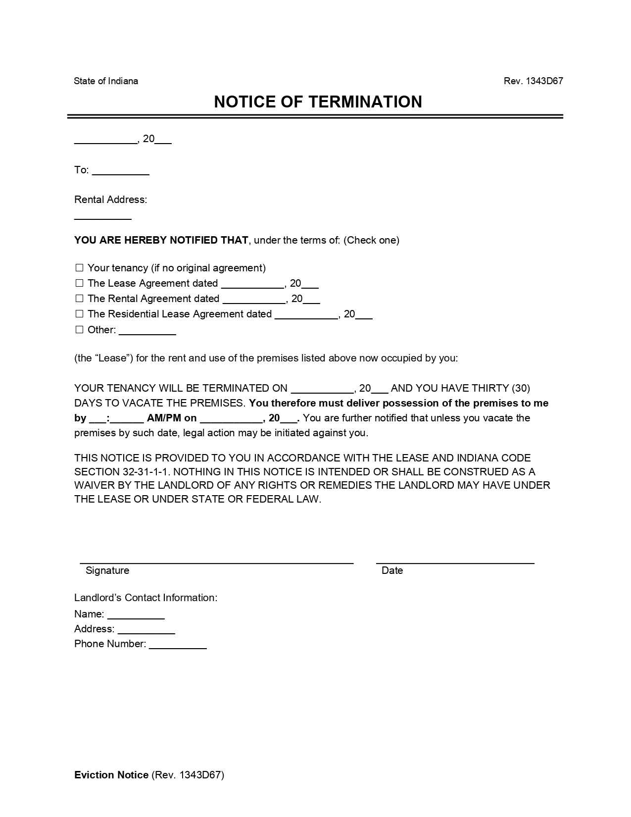 Indiana Lease Termination Letter (30-Day Notice)
