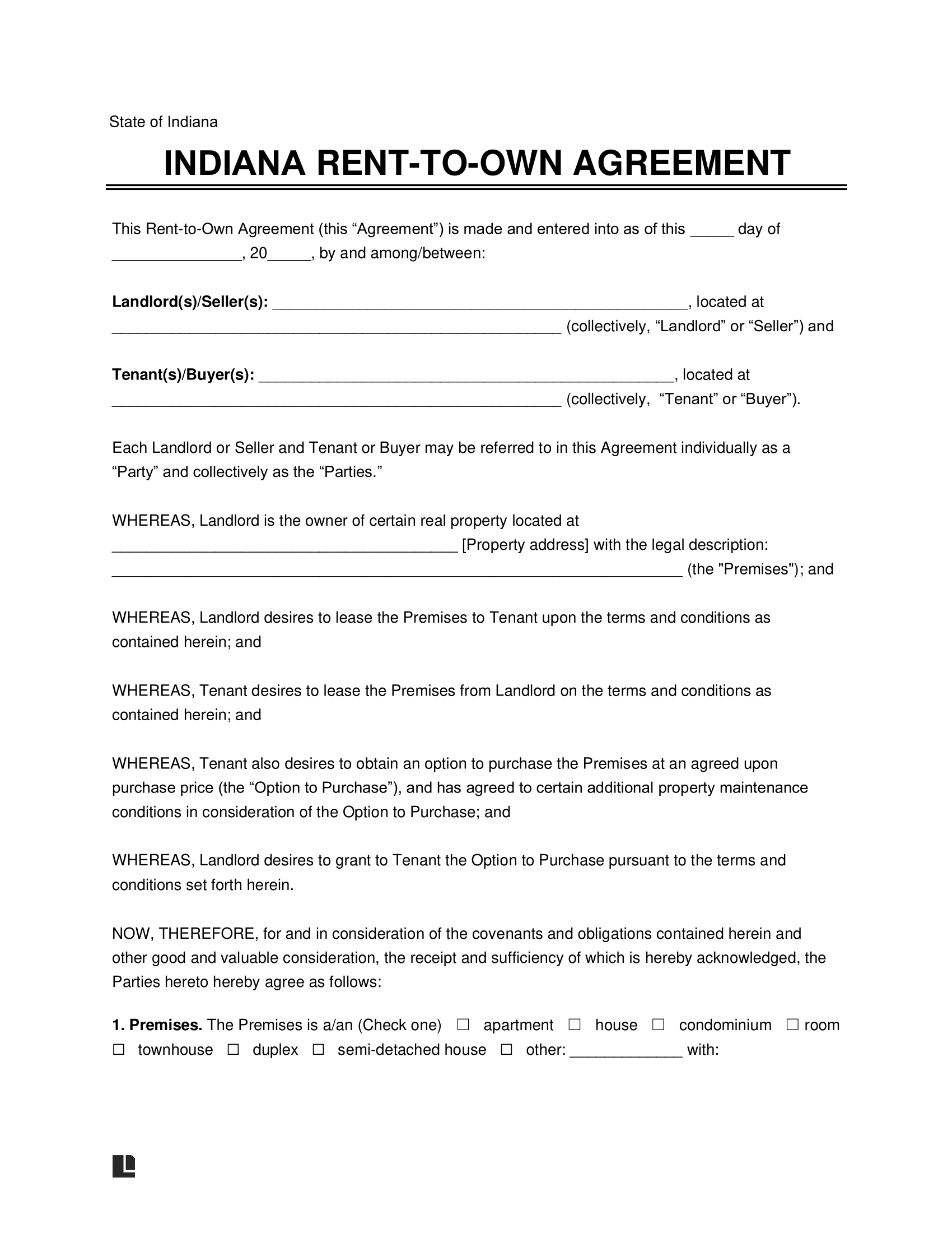 Indiana Lease-to-Own Option-to-Purchase Agreement