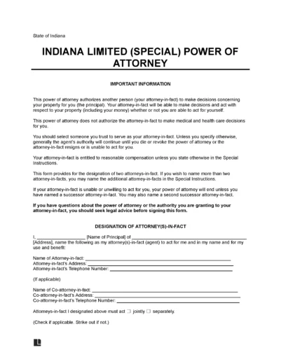 Indiana Limited Power of Attorney Template