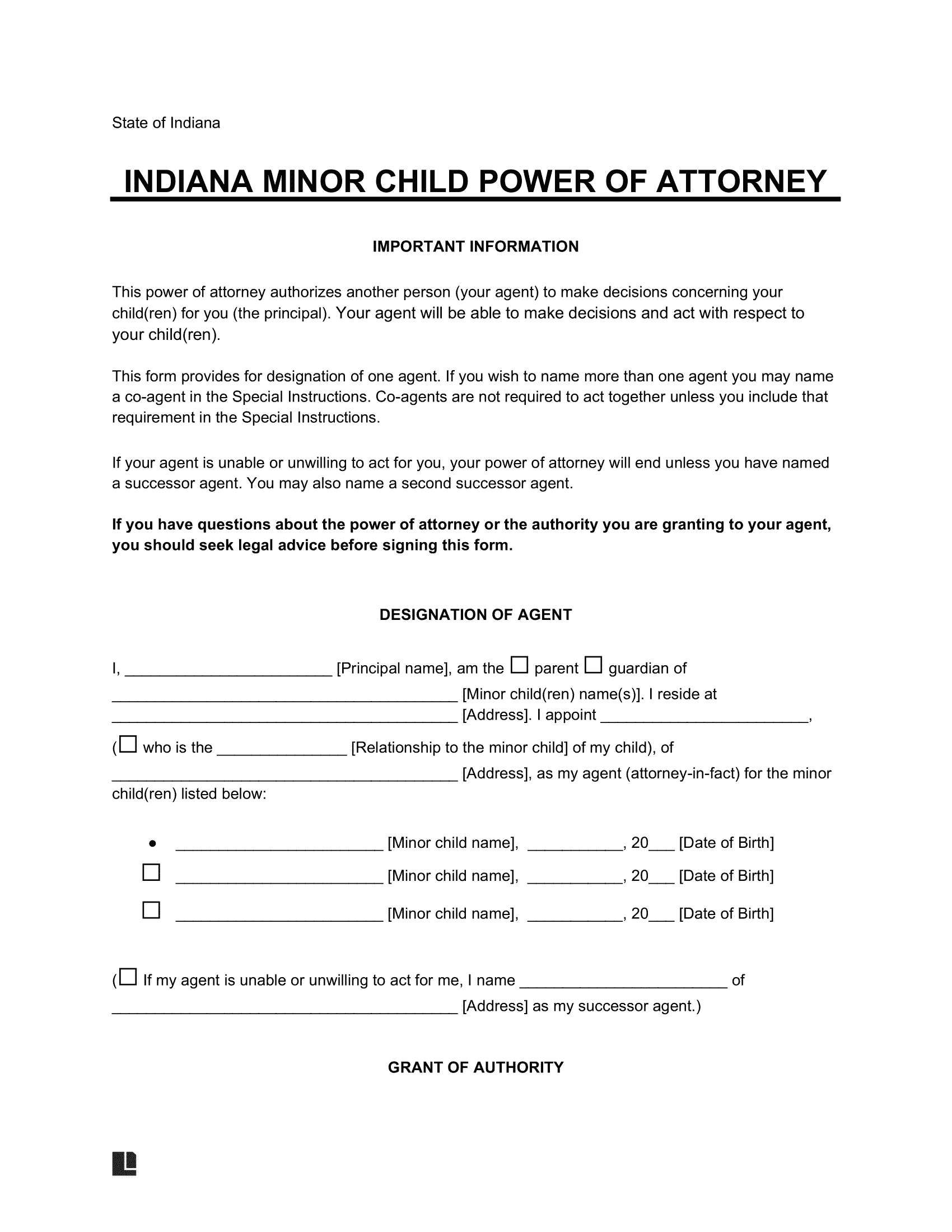Indiana Minor Child Power of Attorney Form