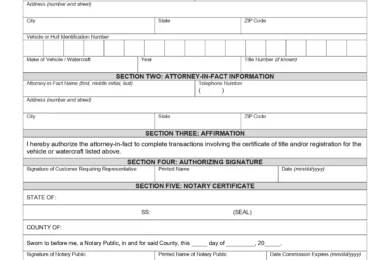 Indiana Motor Vehicle Power of Attorney Form (Form 01940)