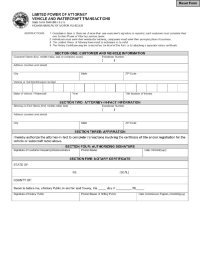 Indiana Motor Vehicle Power of Attorney Form (Form 01940)