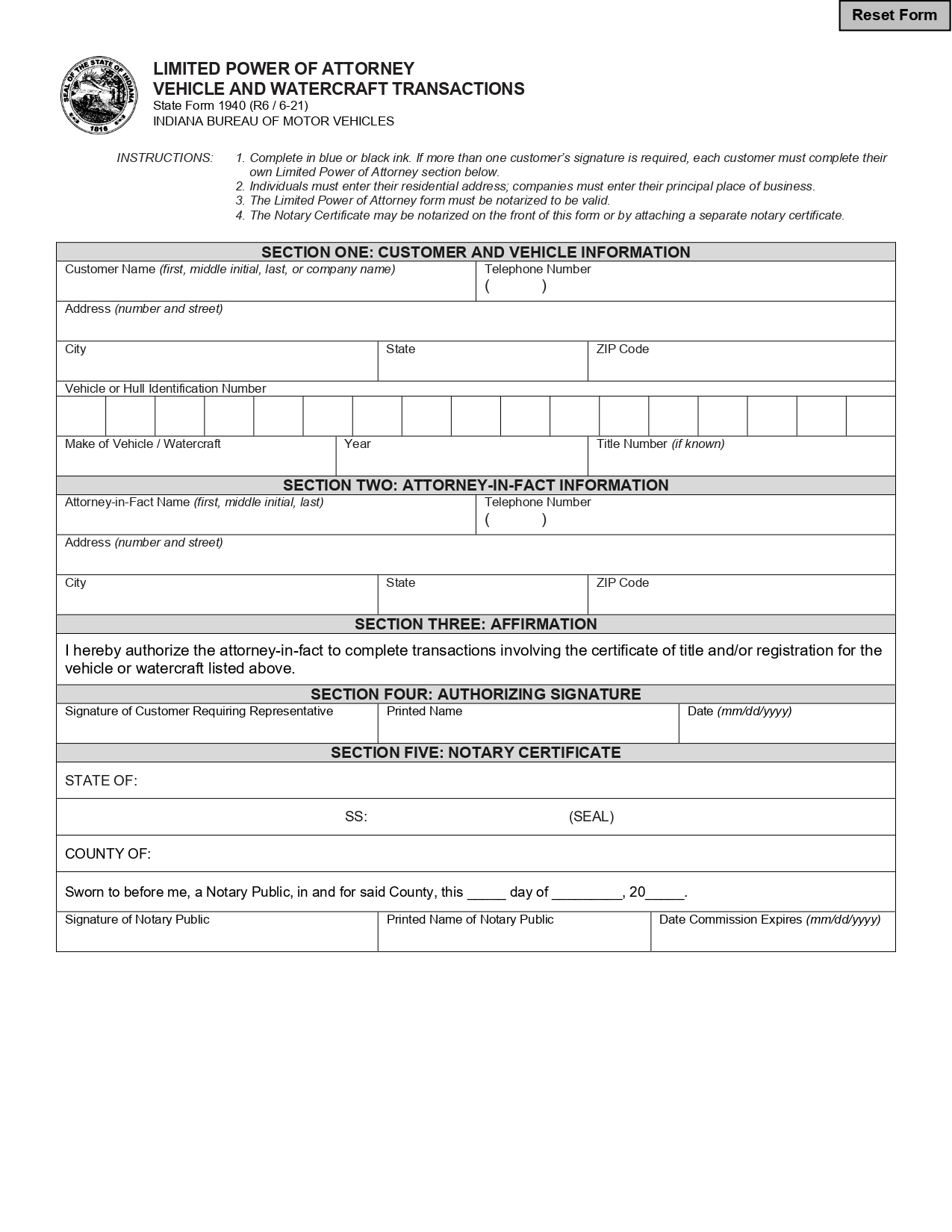 Indiana Motor Vehicle Power of Attorney Form (Form 01940)