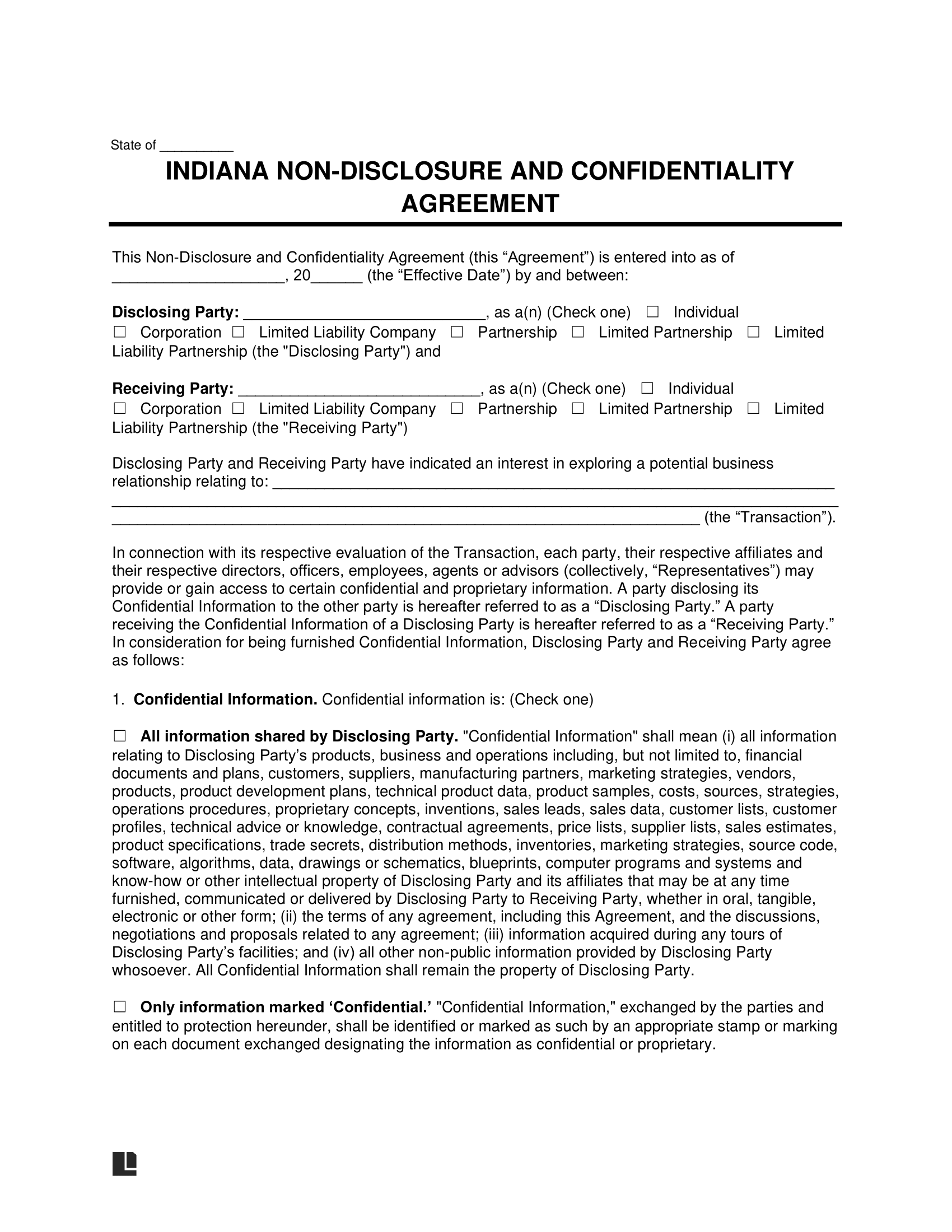 Indiana Non-Disclosure Agreement