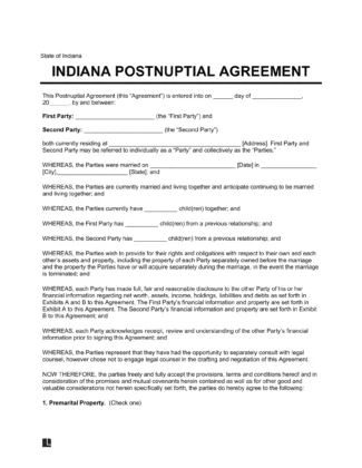 Indiana Postnuptial Agreement Template