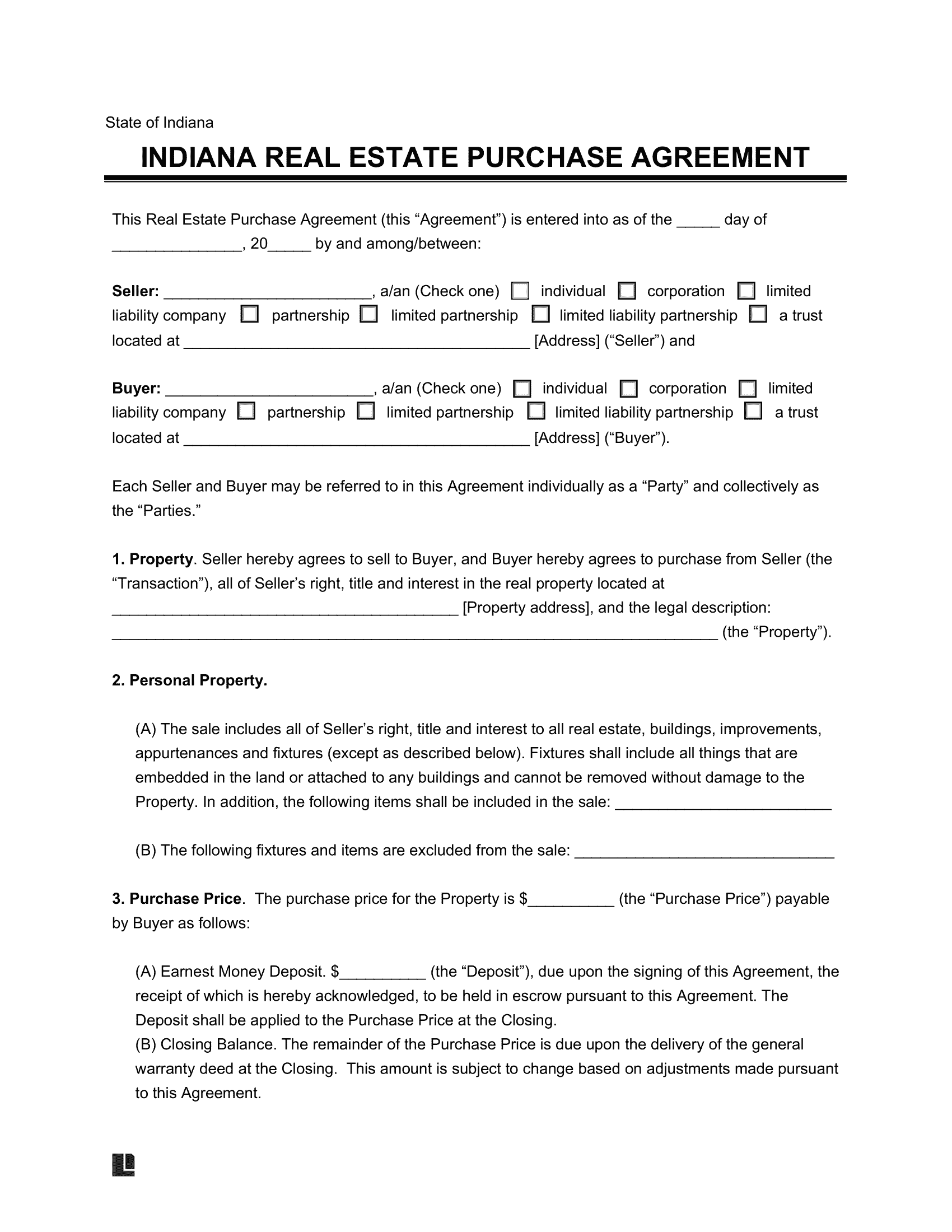 Indiana Real Estate Purchase Agreement Form