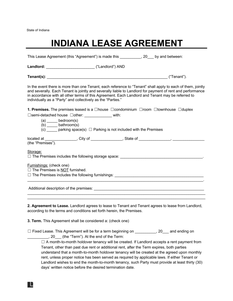 Free Indiana Standard Lease Agreement Template PDF & Word