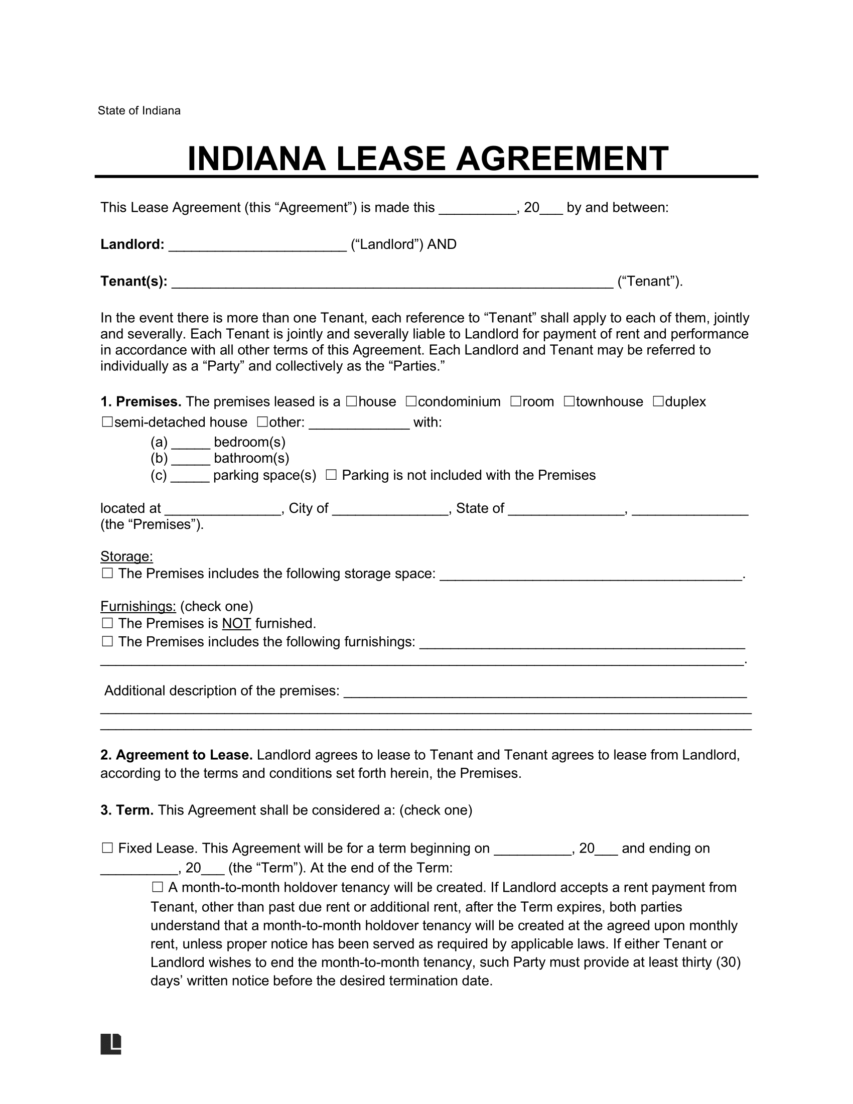Free Indiana Residential Lease Agreement Template PDF Word